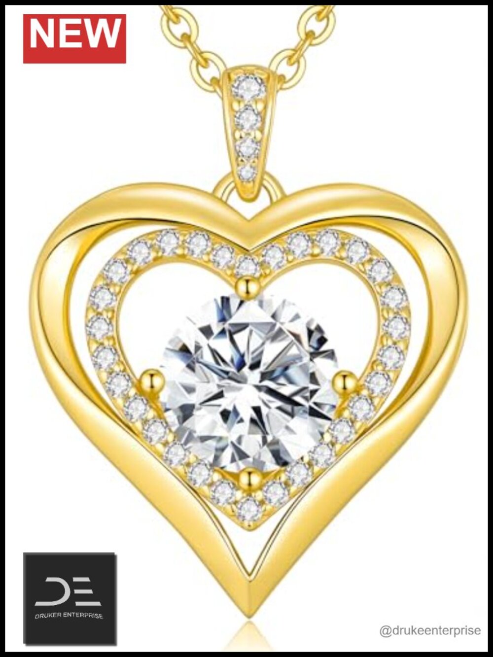 Women's Moissanite Double Heart Pendant Necklace 18k Gold Plated 925 Sterling